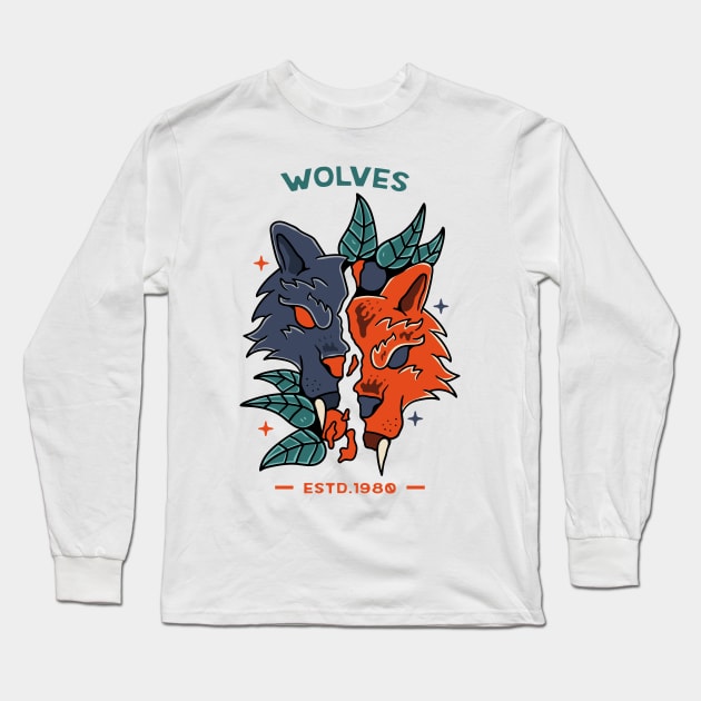 Wolves With Skull Long Sleeve T-Shirt by Mako Design 